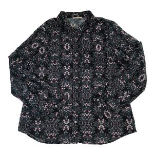 ModCloth Floral Button Front Blouse Sheer Boho Top Roll Tab Sleeve Black Pink L